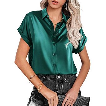 Womens Satin Blouse Short Sleeve Silk Tops Button Down Shirts Business Casual Outfits