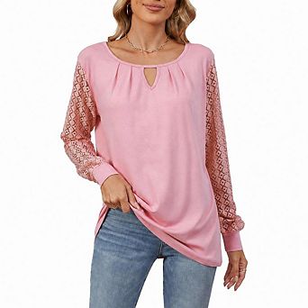 Womens Crochet Lace Long Sleeve Shirts Tops Crew Neck Dressy Cute Casual Work Outfits Blouses