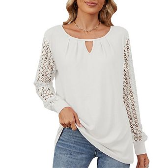 Womens Crochet Lace Long Sleeve Shirts Tops Crew Neck Dressy Cute Casual Work Outfits Blouses