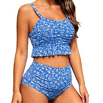 Maternity Two Piece Swimsuit Floral Ruffle Crop Top High Waisted Bikini Set Pregnancy Swimwear