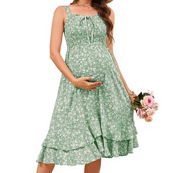 Maternity Floral Midi Dress Smocked Spaghetti Straps Ruffle Tiered Hem Casual Pregnancy Dress