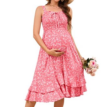 Maternity Floral Midi Dress Smocked Spaghetti Straps Ruffle Tiered Hem Casual Pregnancy Dress
