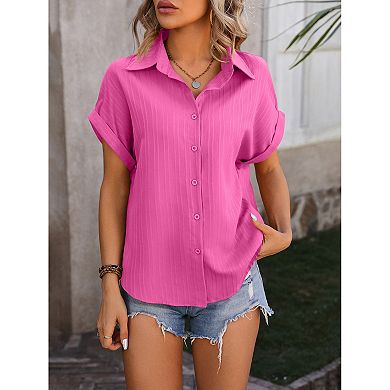 Collared Rolled Cuff Short Sleeve Blouse Vertical Texture Striped Button Down Shirt