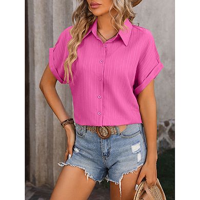Collared Rolled Cuff Short Sleeve Blouse Vertical Texture Striped Button Down Shirt