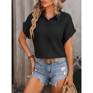 Collared Rolled Cuff Short Sleeve Blouse Vertical Texture Striped Button Down Shirt