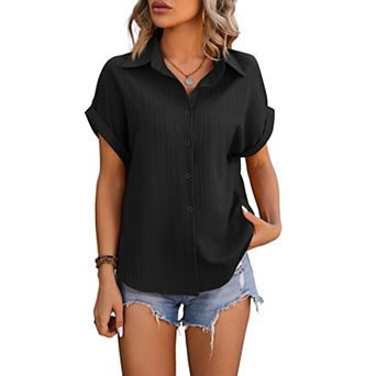 Collared Rolled Cuff Short Sleeve Blouse Vertical Texture Striped Button Down Shirt