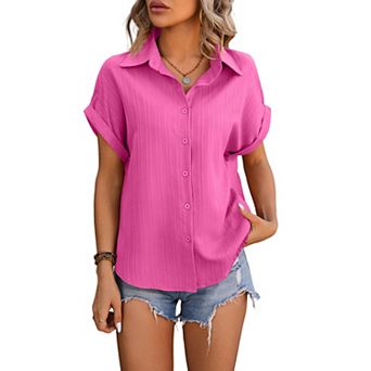 Collared Rolled Cuff Short Sleeve Blouse Vertical Texture Striped Button Down Shirt