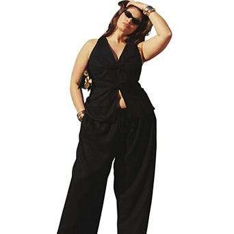 ELOQUII Women's Plus Size Drawstring Wide Leg Linen Pant