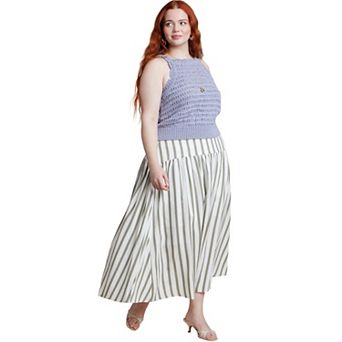 ELOQUII Women's Plus Size Drop Waist Striped Linen Skirt
