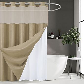 No Hook Waffle Weave Shower Curtain Set With Snap In Liner Mesh Window