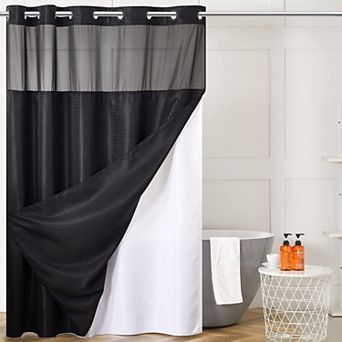 No Hook Waffle Weave Shower Curtain Set With Snap In Liner Mesh Window