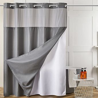 No Hook Waffle Weave Shower Curtain Set With Snap In Liner Mesh Window