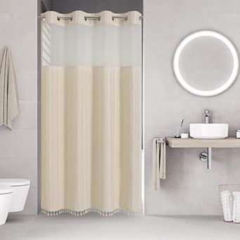 Sage Green Boho Striped Linen Shower Curtain Set With Snap Liner Tassels Sheer Window