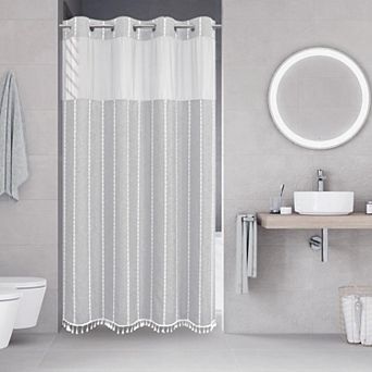 Sage Green Boho Striped Linen Shower Curtain Set With Snap Liner Tassels Sheer Window
