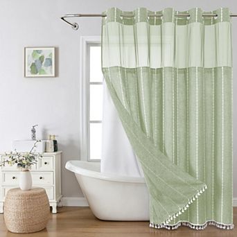 Sage Green Boho Striped Linen Shower Curtain Set With Snap Liner Tassels Sheer Window
