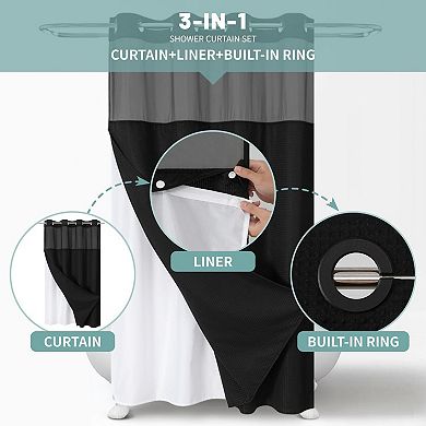 Waffle Weave No Hook Shower Curtain Set Snap In Liner Waterproof Hotel Quality