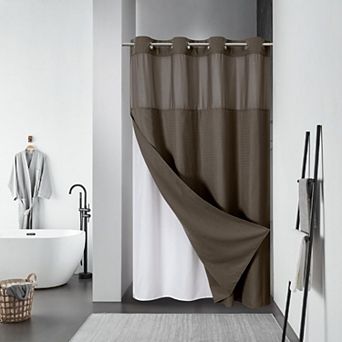 Waffle Weave No Hook Shower Curtain Set Snap In Liner Waterproof Hotel Quality