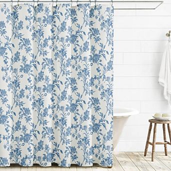 Beige Floral Linen Blend Shower Curtain With Hooks Soft Skin Friendly Durable