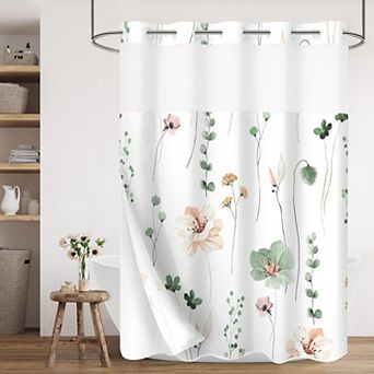 Hotel Style No Hook Shower Curtain Set With Snap In Liner Sheer Window Waterproof Washable
