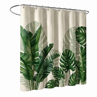 Linen Blend Shower Curtain Botanical Palm Monstera Waterproof Easy Care Spa Bathroom Decor