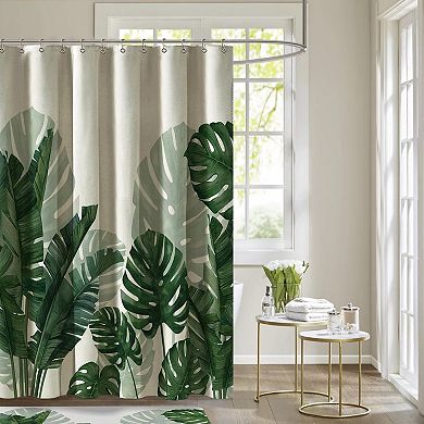 Linen Blend Shower Curtain Botanical Palm Monstera Waterproof Easy Care Spa Bathroom Decor