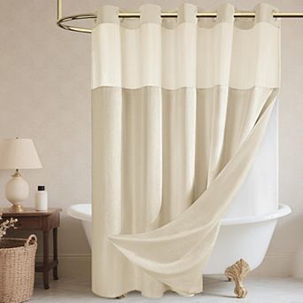 Boho Farmhouse Linen Blend Snap in Liner Shower Curtain Set No Hook Waterproof Washable