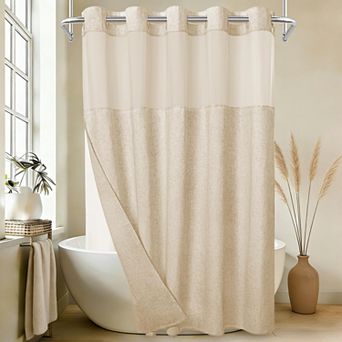Boho Farmhouse Linen Blend Snap in Liner Shower Curtain Set No Hook Waterproof Washable