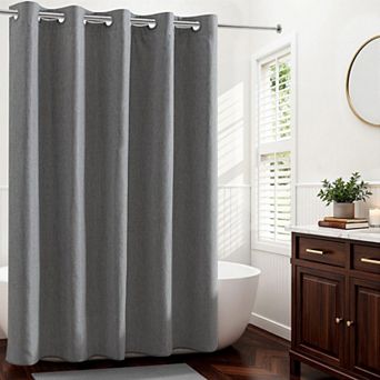 Linen Textured No Hook Snap In Liner Shower Curtain Quick Dry Farmhouse Bathroom Set