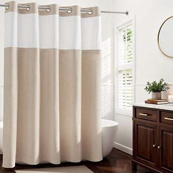 Linen Textured No Hook Snap In Liner Shower Curtain Quick Dry Farmhouse Bathroom Set