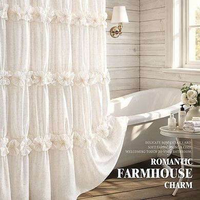 Ruffle Farmhouse Bathroom Shower Curtain Romantic Ruffled Floral Design Machine Washable