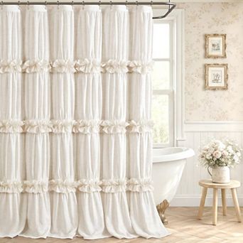 Ruffle Farmhouse Bathroom Shower Curtain Romantic Ruffled Floral Design Machine Washable