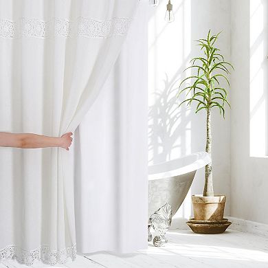 Boho Farmhouse Macrame Lace Linen Polyester Shower Curtain Set with PEVA Liner