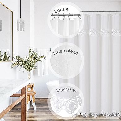 Boho Farmhouse Macrame Lace Linen Polyester Shower Curtain Set with PEVA Liner