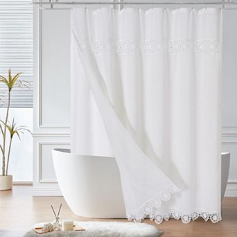 Boho Farmhouse Macrame Lace Linen Polyester Shower Curtain Set with PEVA Liner