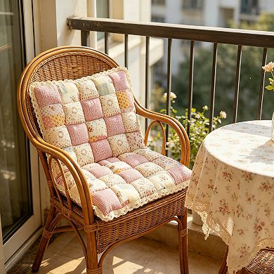 Patchwork Chair Pad With Ties Non Slip Lace Trim Floral Print Kitchen Dining Seat Cushion