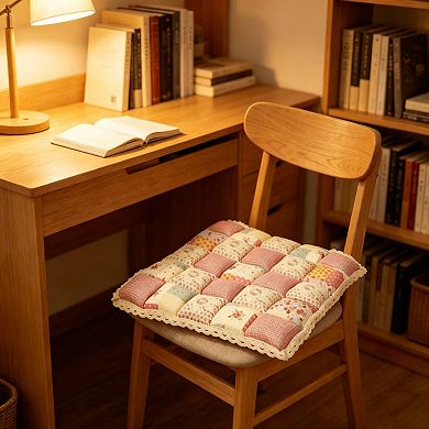 Patchwork Chair Pad With Ties Non Slip Lace Trim Floral Print Kitchen Dining Seat Cushion