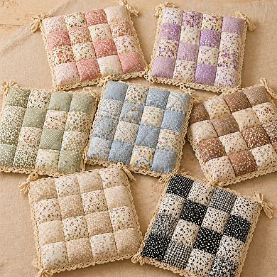 Patchwork Chair Pad With Ties Non Slip Lace Trim Floral Print Kitchen Dining Seat Cushion