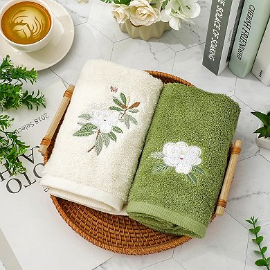 2 Pack Magnolia Embroidered Cotton Hand Towels Absorbent For Bathroom Kitchen Cleaning