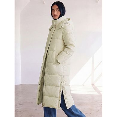 Women's Winter Long Puffer Coat Cotton Slit Hem Stand Collar Removable Hood Warm Quilted Jacket