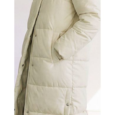 Women's Winter Long Puffer Coat Cotton Slit Hem Stand Collar Removable Hood Warm Quilted Jacket