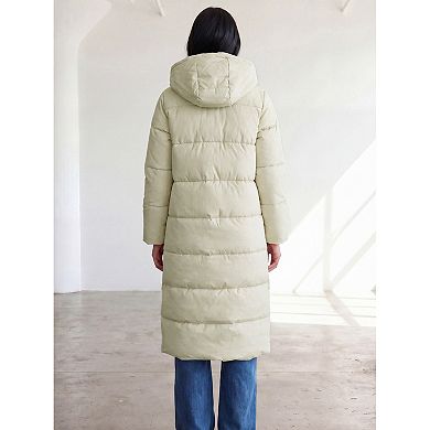 Women's Winter Long Puffer Coat Cotton Slit Hem Stand Collar Removable Hood Warm Quilted Jacket