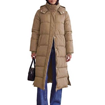 Women's Winter Long Puffer Coat Cotton Slit Hem Stand Collar Removable Hood Warm Quilted Jacket