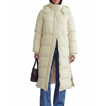 Women's Winter Long Puffer Coat Cotton Slit Hem Stand Collar Removable Hood Warm Quilted Jacket