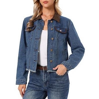 Denim Jackets for Women Casual Suede Collar Long Sleeve Button Down Raw Hem Crop Jean Jackets