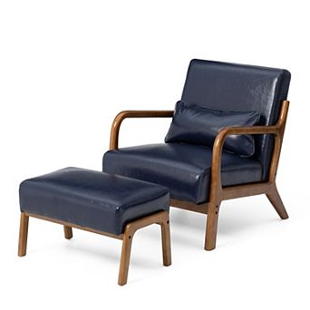 Glitzhome Set of 2 Mid-century Modern Leatherette Accent Stool & Chair with Walnut Rubberwood Legs