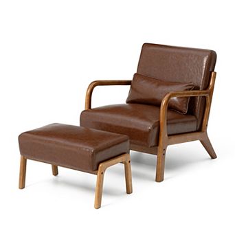 Glitzhome Set of 2 Mid-century Modern Leatherette Accent Stool & Chair with Walnut Rubberwood Legs