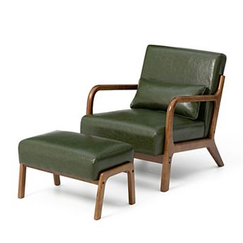 Glitzhome Set of 2 Mid-century Modern Leatherette Accent Stool & Chair with Walnut Rubberwood Legs