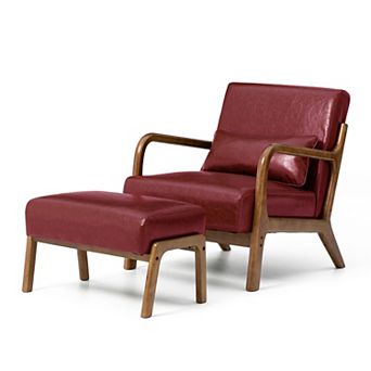 Glitzhome Set of 2 Mid-century Modern Leatherette Accent Stool & Chair with Walnut Rubberwood Legs