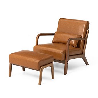 Glitzhome Set of 2 Mid-century Modern Leatherette Accent Stool & Chair with Walnut Rubberwood Legs