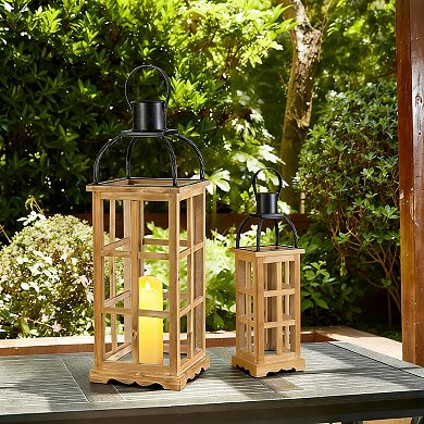 Glitzhome Set of 2 Vintage Wood/Metal Lanterns with Handle for Hanging
